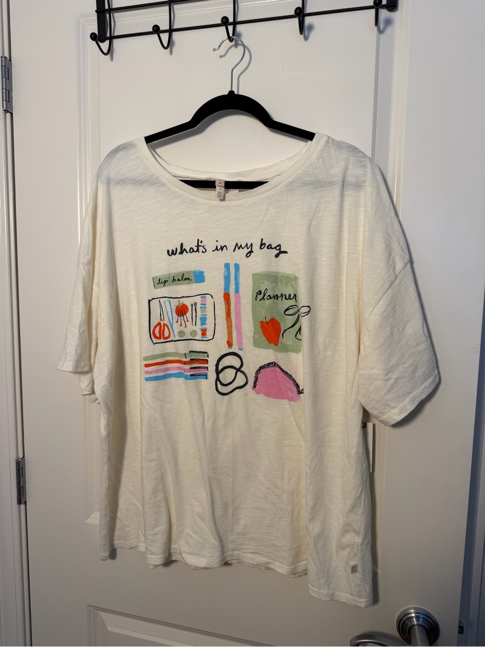 Anthropologie Oversized Cream Graphic Tee "What's in My Bag"